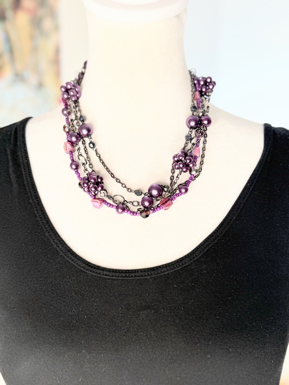 Purple Faux Pearl Multi Strand Beaded Necklace Gunmetal Chain Statement 17”